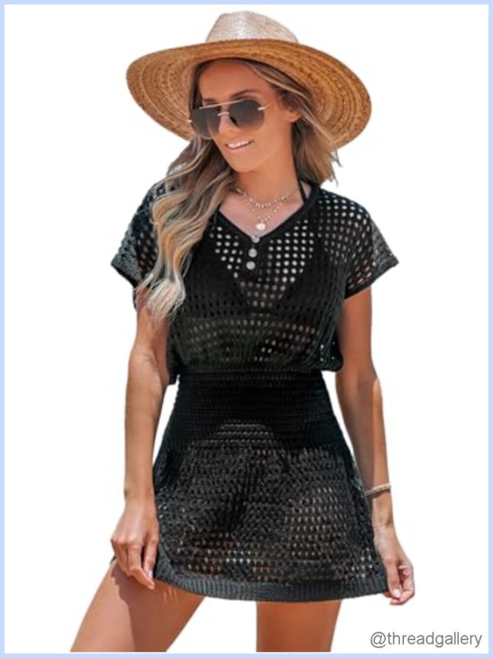 Crochet Swimsuit Coverup Mini Beach Dress Short Sleeve Button V Neck